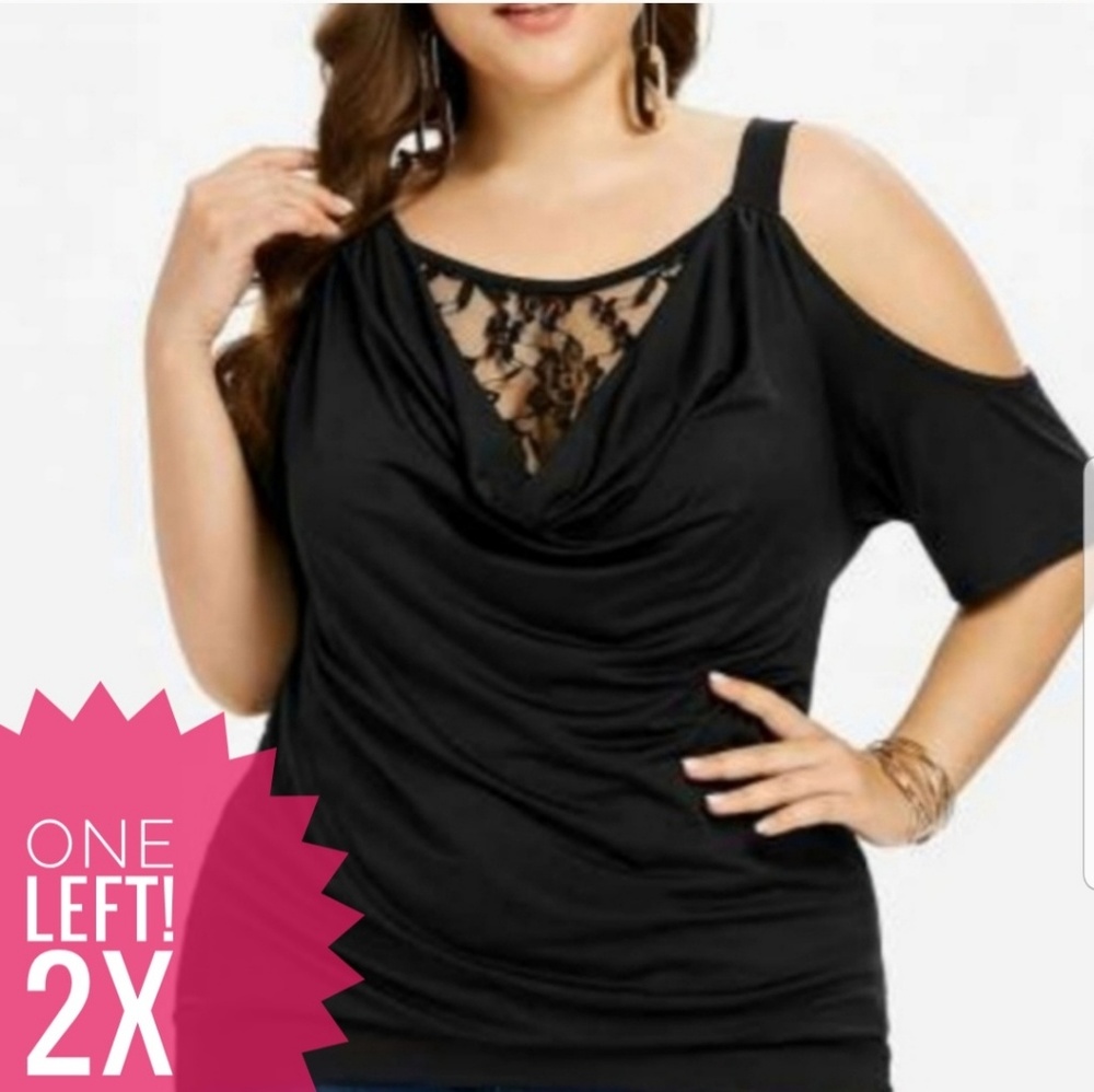 Cold Shoulder Blouse Draped Lace V Neck - Picture 2 of 8